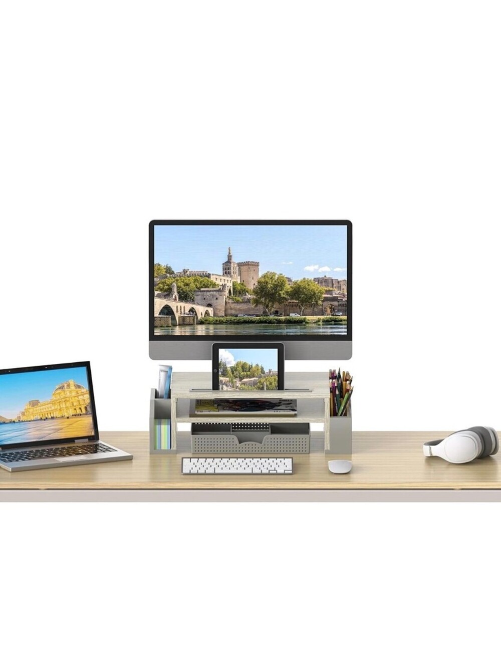 Simple Houseware Desk Monitor Stand Riser with Adjustable Organizer Tray (Maple)